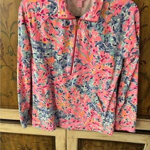 Lilly Pulitzer Coco Coral Crab Pink and Blue Floral 1/4 Zip-Up Popover size S